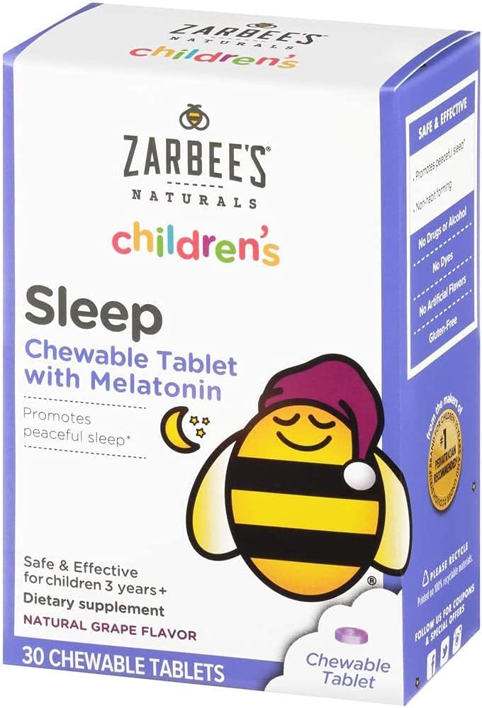 Zarbee 's Kids 1 mg melatonin tyggetabletter, Drug- Free & Effektiv søvn supplement, Let at tage naturlige Grape Flavor tabletter til børn i alderen 3 og op, 30 Tæl