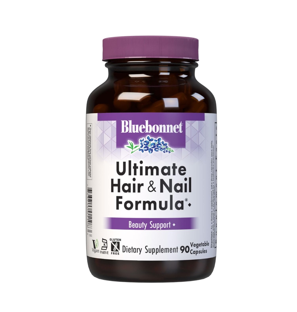 BlueBonnet Nutrition Ultimate Hår og Nail Formel, Vitaminer, Mineraler, Specialty Nutrients for Beauty Indenfor, Gluten- Free, Kosher- Certified, Dairy- Free, Vegan, 90 Vegetabilske kapsler, 30 Servere, Hvid