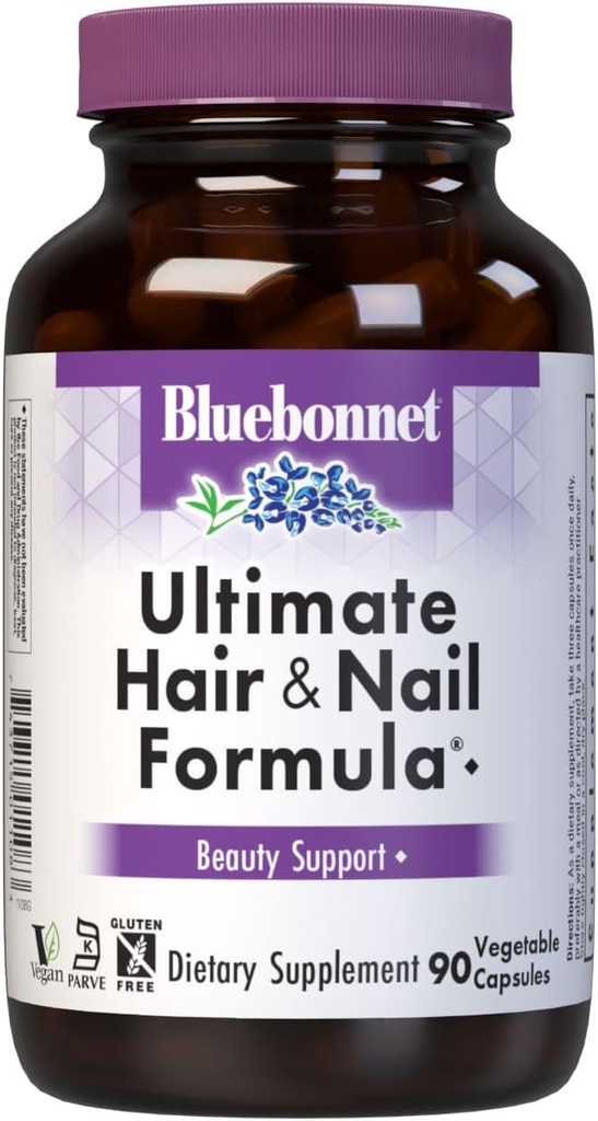 BlueBonnet Nutrition Ultimate Hår og Nail Formel, Vitaminer, Mineraler, Specialty Nutrients for Beauty Indenfor, Gluten- Free, Kosher- Certified, Dairy- Free, Vegan, 90 Vegetabilske kapsler, 30 Servere, Hvid