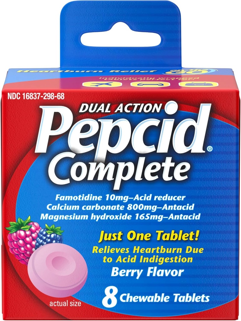 Pepcid Complete Acid Reducer + Antacida for Acid Reflux, 10mg Famotidin, 800mg Calciumcarbonat & 165mg Magnesiumhydroxid per Heartburn Medicine Tablet, Antacida Chews, Berry, 8 ct