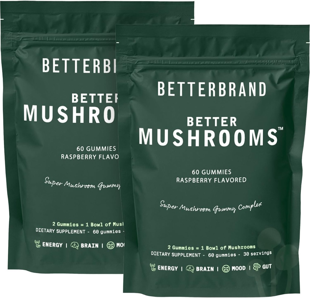 Betterbrand BetterMushrooms Nootrop Gummies - Understøtter bedre Gut Sundhed, Kognitiv funktion, Mental Klarhed med 10 Funktionelle Svampe - 60 Gummies - Raspberry Flavor - Pack af 2
