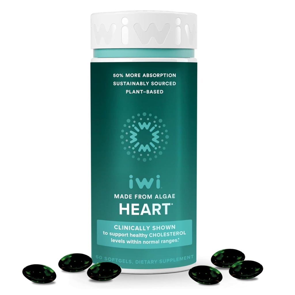 Iwi Life Heart Omega-3, 60 Softgels (30 Servere), Vegan Plant- baseret Alger Omega Fedtsyrer + EPA, Heart Health Support Kosttilskud, Krill & Fish Oil Alternative, Ingen Fishy Eftersmag