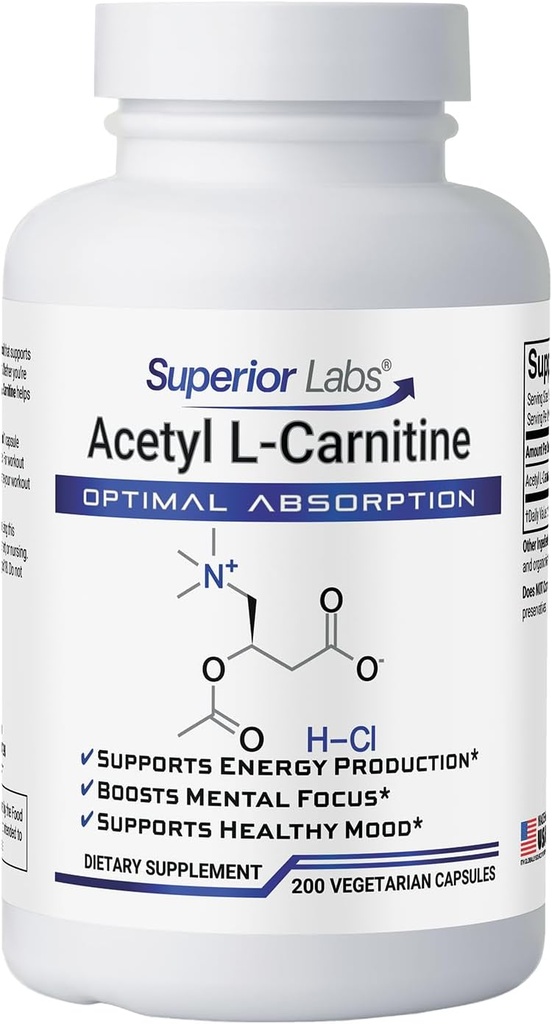 Superior Labs Acetyl L- Carnitin 500 mg, højpotens ALCAR, Pure Non- GMO, Zero Synthetic Additives, Maximum Absorption, Energy & Fat Metabolisme, Brain, Nerve & Cellular Detox Support, (200 Veg Caps)