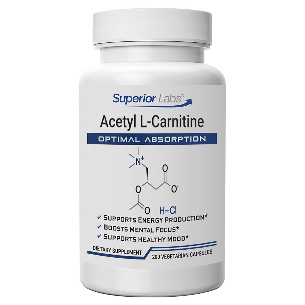 Superior Labs Acetyl L- Carnitin 500 mg, højpotens ALCAR, Pure Non- GMO, Zero Synthetic Additives, Maximum Absorption, Energy & Fat Metabolisme, Brain, Nerve & Cellular Detox Support, (200 Veg Caps)