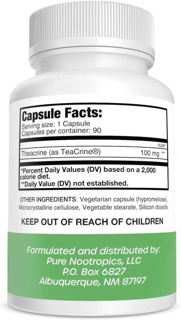 Pure Nootropics Theacrin (TeaCrin) 100 mg Veg Kapsler er 124; 90 Greve er 124; Ikke Habit Forming Energy Support er 124; Koffein Alternativ • 124; Mental, Fysisk, Motivation, og Focus Enhancer Pills