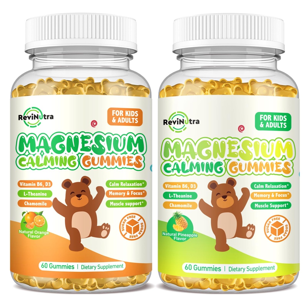 Magnesium Gummier for børn - Magnesium Glycinat supplement med L- Theanin, vitamin B6, D3 for voksne & børn, rolig Magnesium til søvn, afslapning, hjerne, knogler, Orange & Ananas