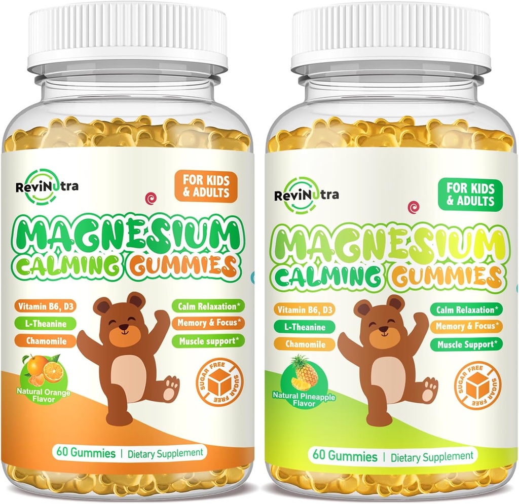 Magnesium Gummier for børn - Magnesium Glycinat supplement med L- Theanin, vitamin B6, D3 for voksne & børn, rolig Magnesium til søvn, afslapning, hjerne, knogler, Orange & Ananas