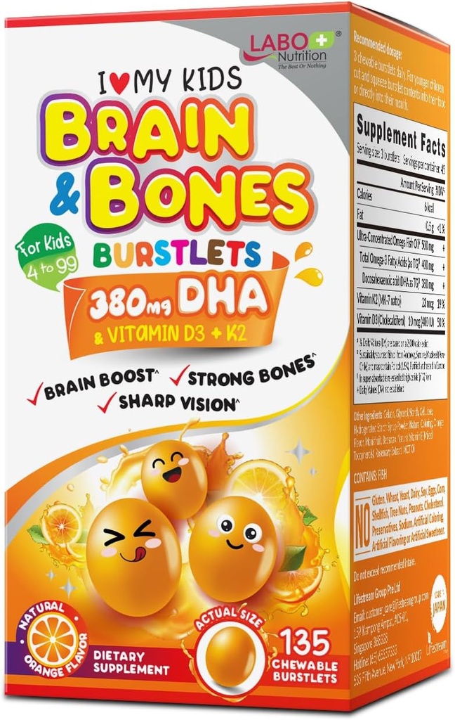 Labo Nutrition I My Kids Brain & Bones Chewable Burstlet, Gluten Free, for Stronger Bones & Behavioral Management, 76% Ultra- Concentrated rTG Form Omega 3 DHA Fish Oil, Vitamin D3 & K2, Orange