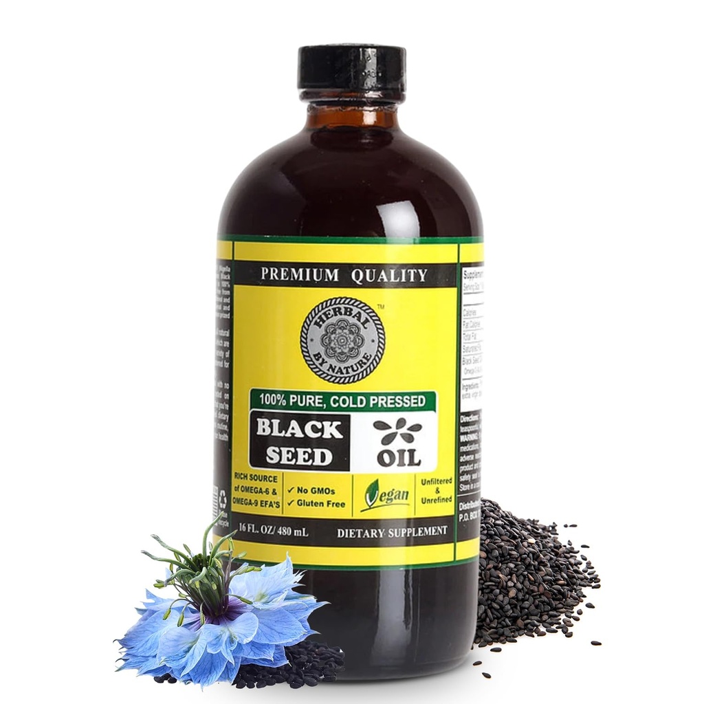 Pure Black Seed Oil - 100% Pure Nigella Sativa - Cold Pressed - Vegan - Ikke GMO - 16 oz - i glasflaske - Urter efter natur