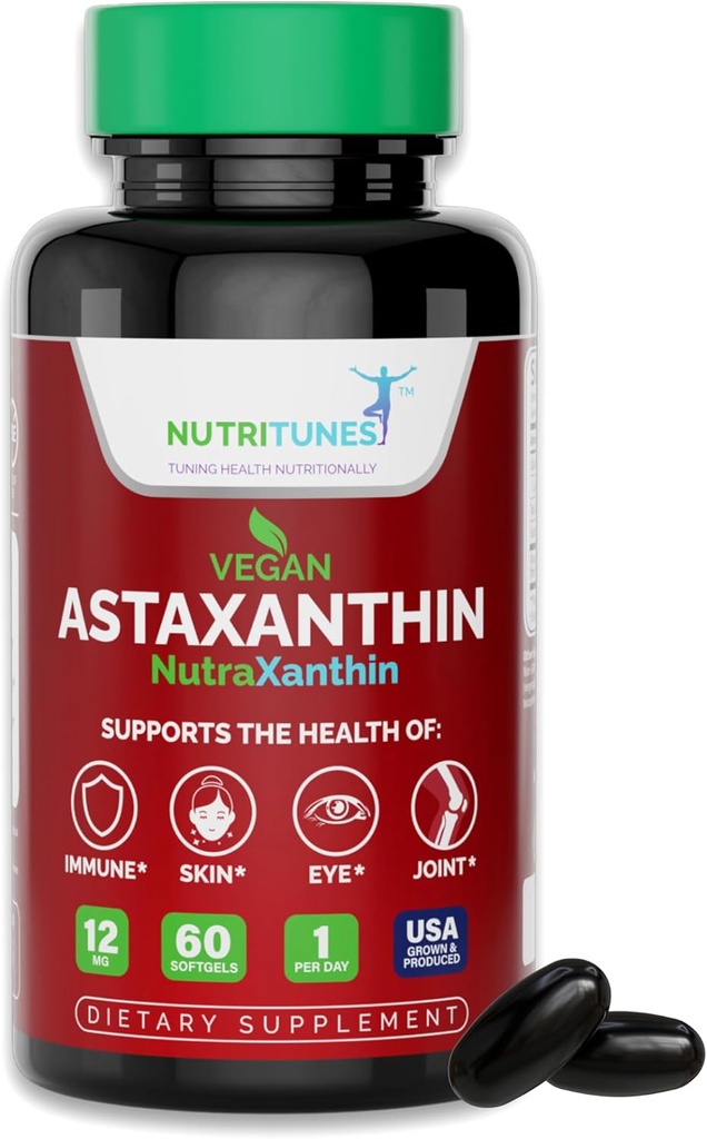 Astaxanthin 12mg Vegan Softels - High Potency Antioxidant for Skin, Eye & immunforsvar - Non- GMO, fri for gluten, soja, lactose & BSE, 60 Vegan Softels, 2 - Måned Supply