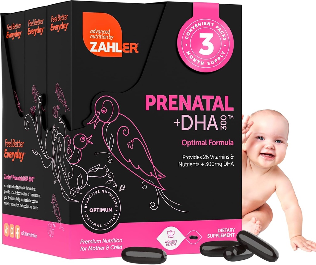 Zahler Prenatal Vitamin med DHA & Folate - DHA kosttilskud & Prenatal Multivitamin til mor og barn - Kosher Prenatal DHA Prenatal Vitaminer med jern, Pre Natal Softgels (180 Greve (pakke med 1))