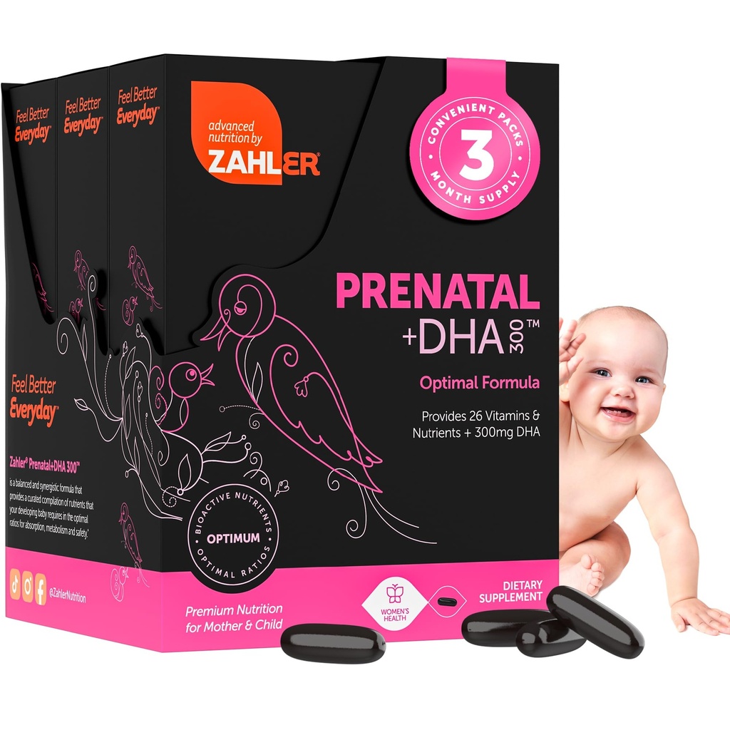 Zahler Prenatal Vitamin med DHA & Folate - DHA kosttilskud & Prenatal Multivitamin til mor og barn - Kosher Prenatal DHA Prenatal Vitaminer med jern, Pre Natal Softgels (180 Greve (pakke med 1))