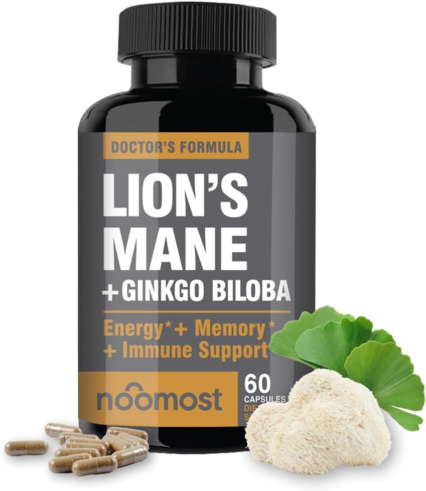 NooMost Lions Mane Supplement Organic Capsules - med Ginkgo Biloba - Cognitive Health, Focus & Memory Support - Natural Superfood for Brain, Energy & Immune Health - 60 Capsules - 2 Month Supply