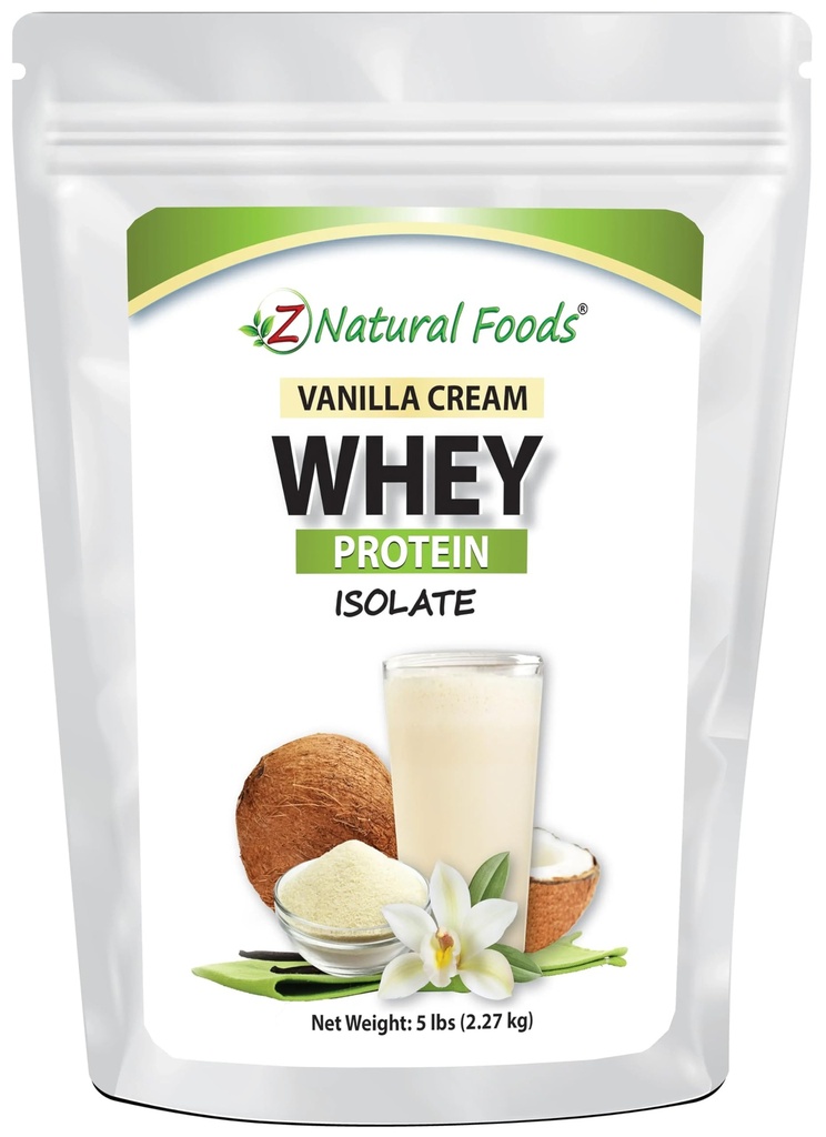 Z Naturlige fødevarer Vanilla Cream Whey Protein Isolate, Nutrition- Rich, Flavorful Protein Powder for Heart Health and Immunity, Great in Tea, Coffee, Smoothie, Non- GMO, Gluten- Free, Kosher, 5 lbs