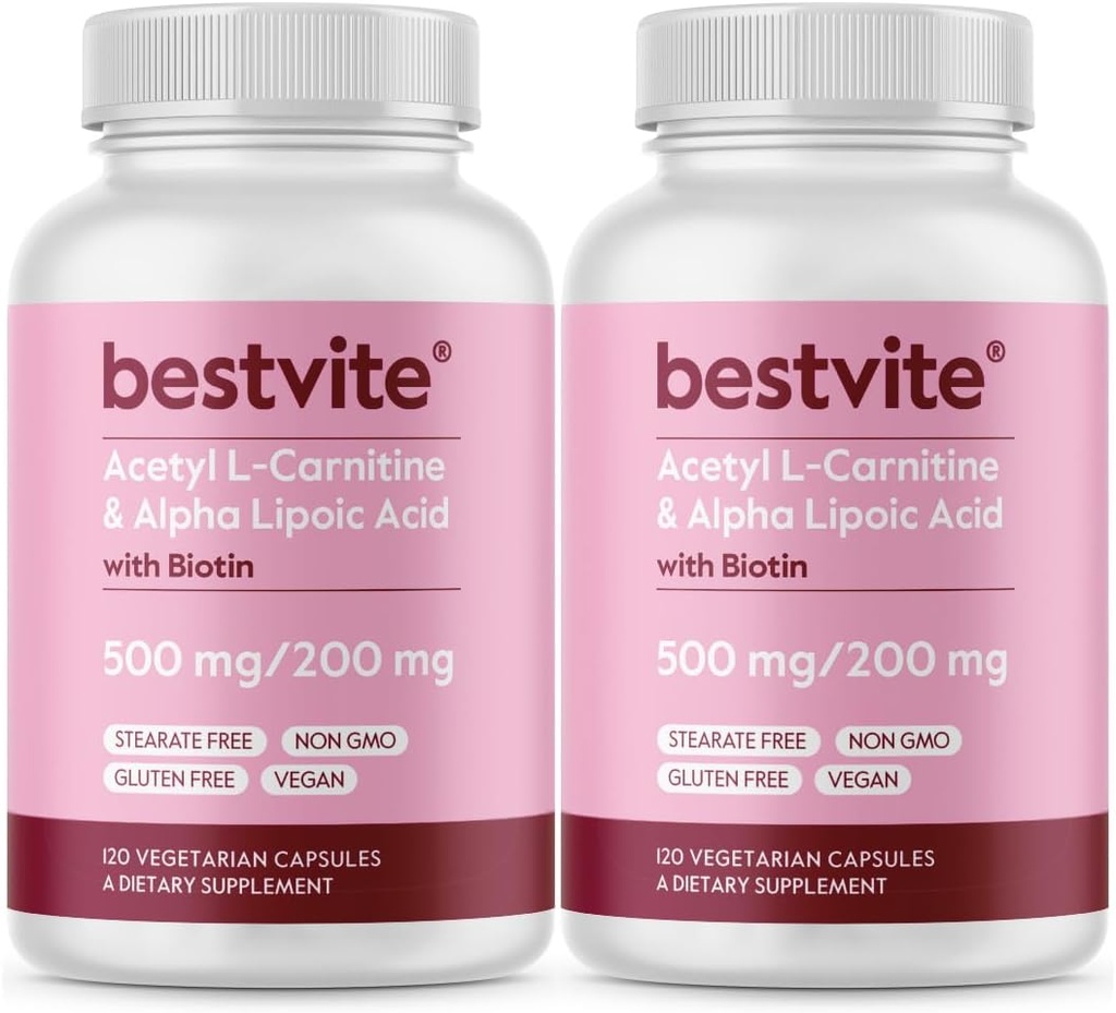 BESTVITE Acetyl L- Carnitin 500mg & Alpha Lipoic Acid 200mg per kapsel med Biotin (240 vegetariske kapsler) (120 x 2) - Ingen stearater - Vegan - Ikke GMO - Gluten Free