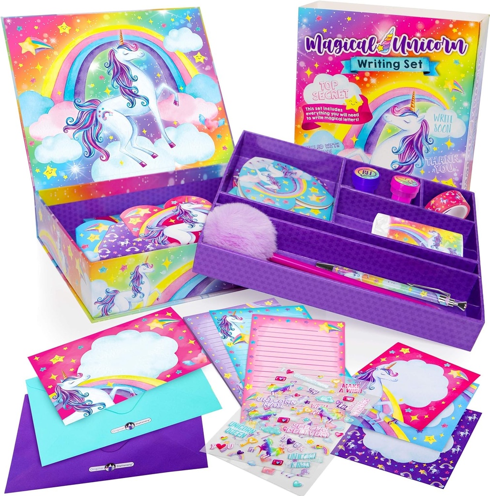 Original Stationery Unicorn Brev Skrivning Kit - 45-stykke Multi- Color Paper & Sticker sæt med lilla opbevaringsboks - Stationery & Brevpapir til piger