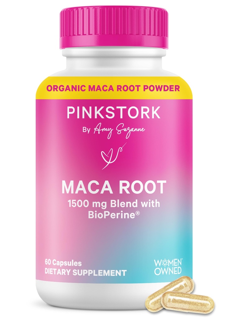 Pink Stork Maca Root Kapsler til kvinder - Økologisk Maca med BioPerine ® til Hormonal Balance, Energi + Wellness - Understøtter perimenopause, menstruation sundhed, og Vitality