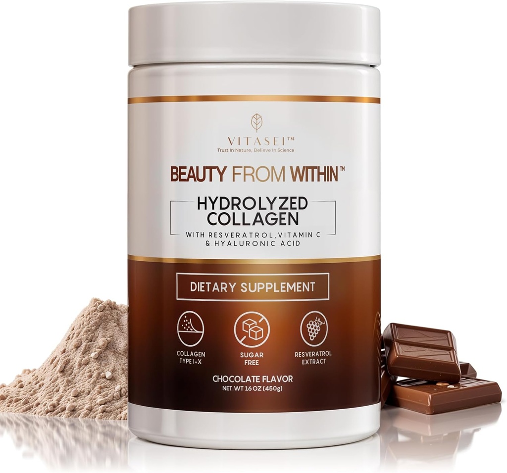 Hydrolyseret collagen peptider pulver med C-vitamin & Resveratrol - hår, hud og negle Vitaminer for kvinder & mænd - Knogler og fælles tillæg - chokolade smag - 16 oz