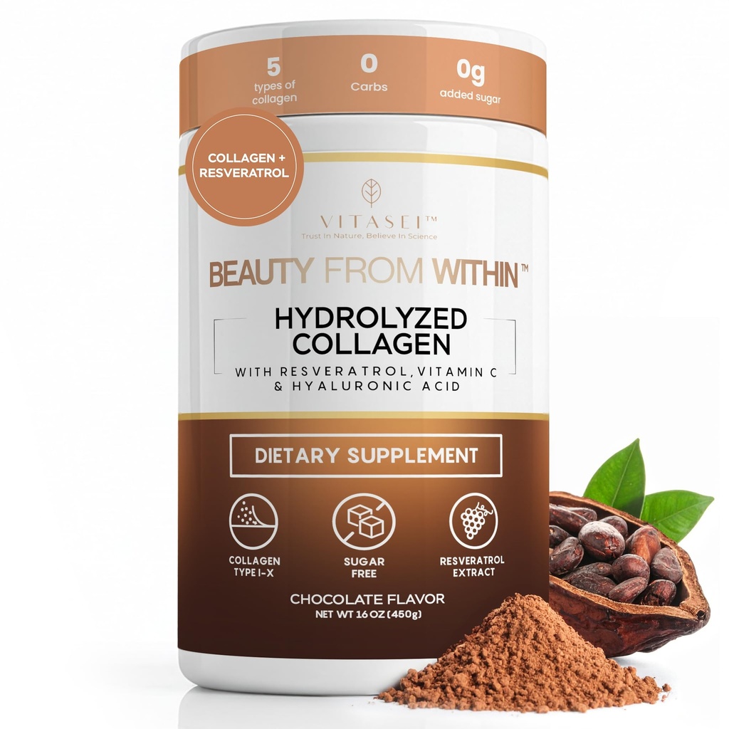 VITASEI Hydrolyzed Collagen Peptides Powder with Resveratrol & Vitamin C – Hair, Skin, Nails & Joint Support – Colágeno Hidrolizado for Women & Men – Delicious Chocolate Flavor, 16 oz (30 Servings)