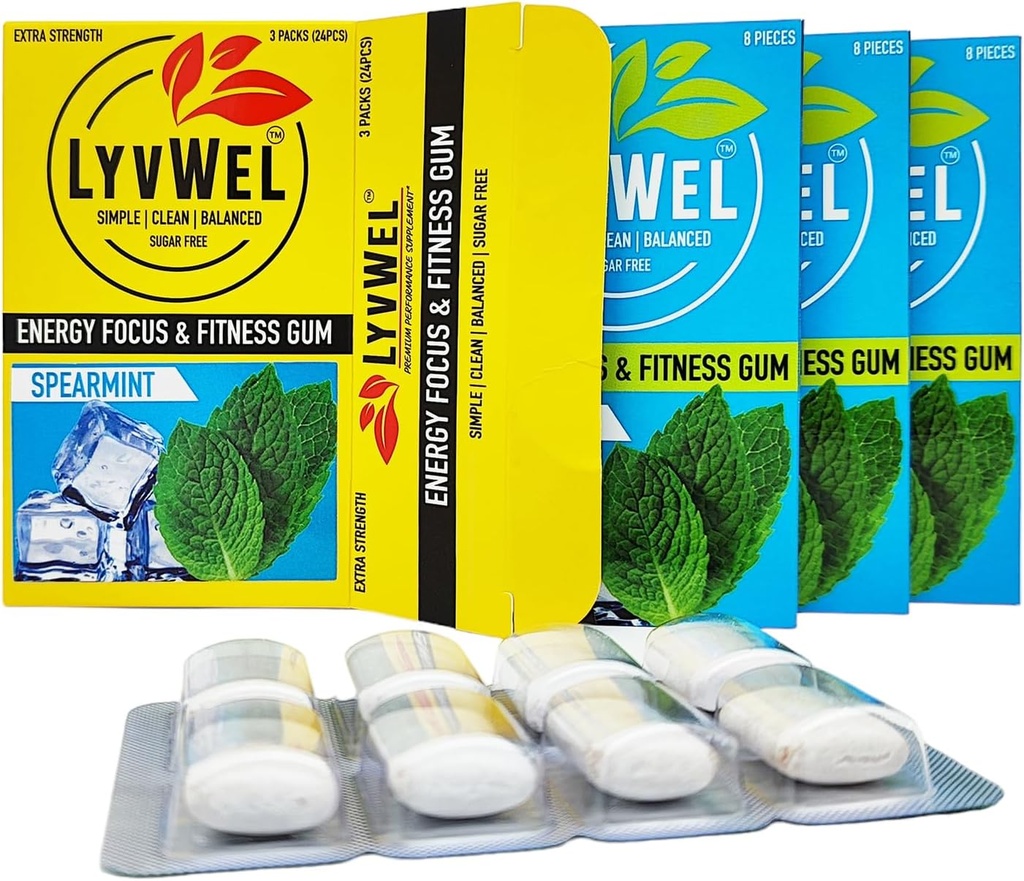 LyvWel Energy Gum | 80mg Caffeine + 50mg Taurine per gem | All Natural | Sugar-Free Pre-Workout Boost: Your Essential Energy Supplement to Stay Awake (Spearmint, 3 Pack)