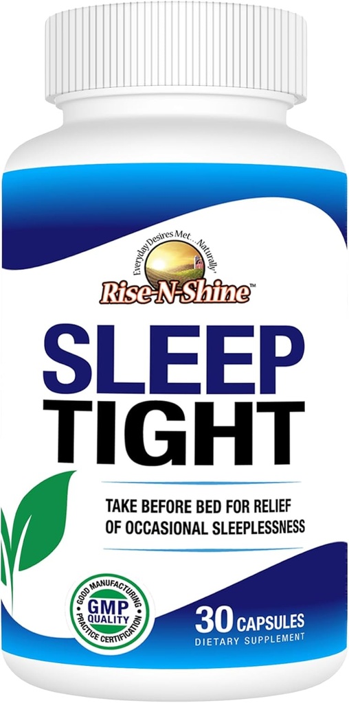 Rise- N- Shine Sleep Tight Supplement med 5 HTP, Magnesium, GABA og L- Theanin - for kvinder og mænd - 30-dages levering (30 kapsler)