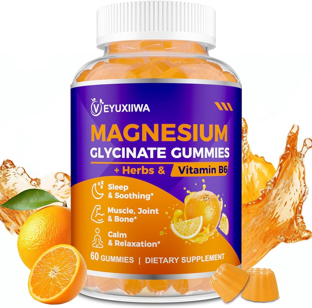 Magnesium Glycinat Gummies 2000mg, Magnesium Gummies for voksne med Magnesium L- Threonate, Ashwagandha & B6 for muskel & ben, Magnesium L- Threonate Gummies for relaxation & Energy, Vegan - 60 Greve