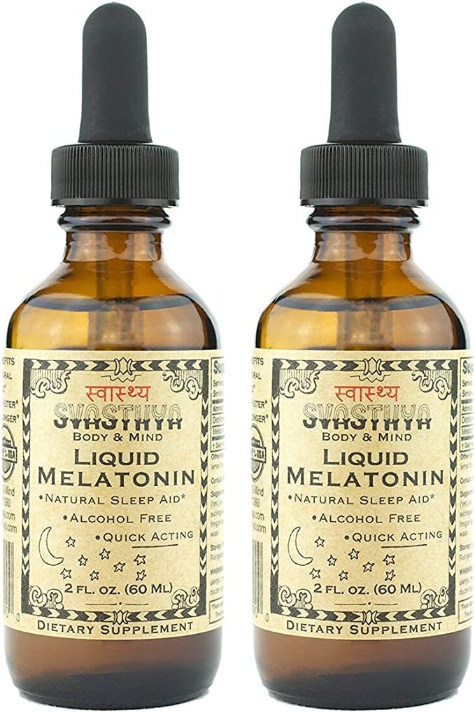 SVASTHYA BODY & MIND Flydende Melatonin - fremmer naturlig søvn - Alkohol fri for voksne og børn, Lavet i USA, 2 oz, pakke med 2