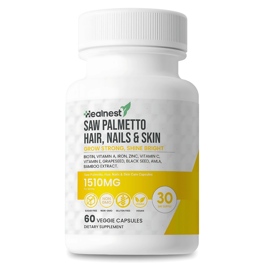 Hår, negle & hudpleje med - Saw Palmetto, Biotin, Amla - 60 Non- GMO, Gluten Free, Veggie kapsler til mænd og kvinder