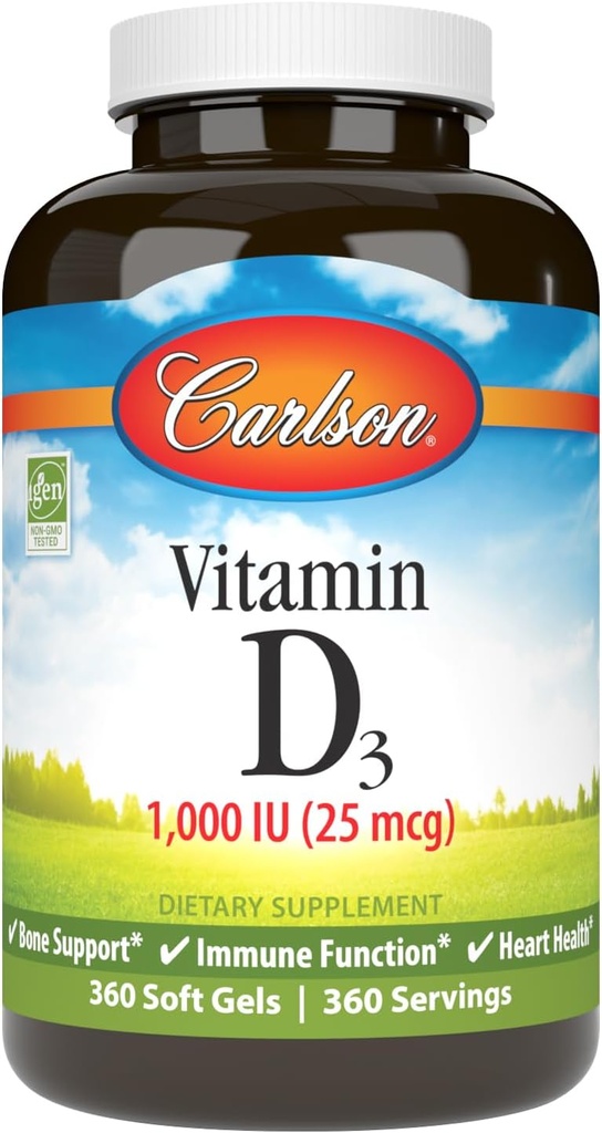 Carlson - D3- vitamin, 1000 IE (25 mcg), Knoglesundhed, muskelsundhed, Cholecalciferol, D-vitamintilskud, D3- vitamin Soft Gels, 360 Softgels