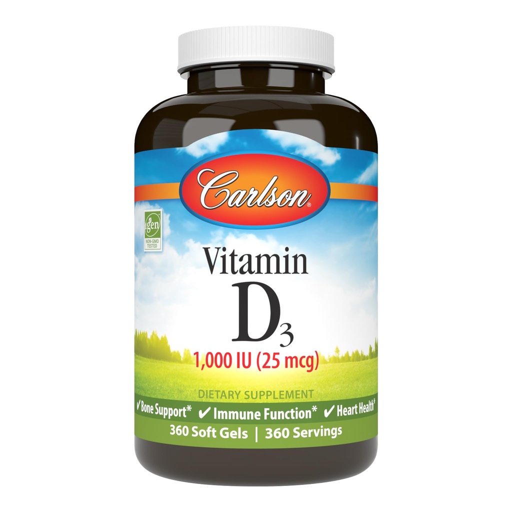 Carlson - D3- vitamin, 1000 IE (25 mcg), Knoglesundhed, muskelsundhed, Cholecalciferol, D-vitamintilskud, D3- vitamin Soft Gels, 360 Softgels