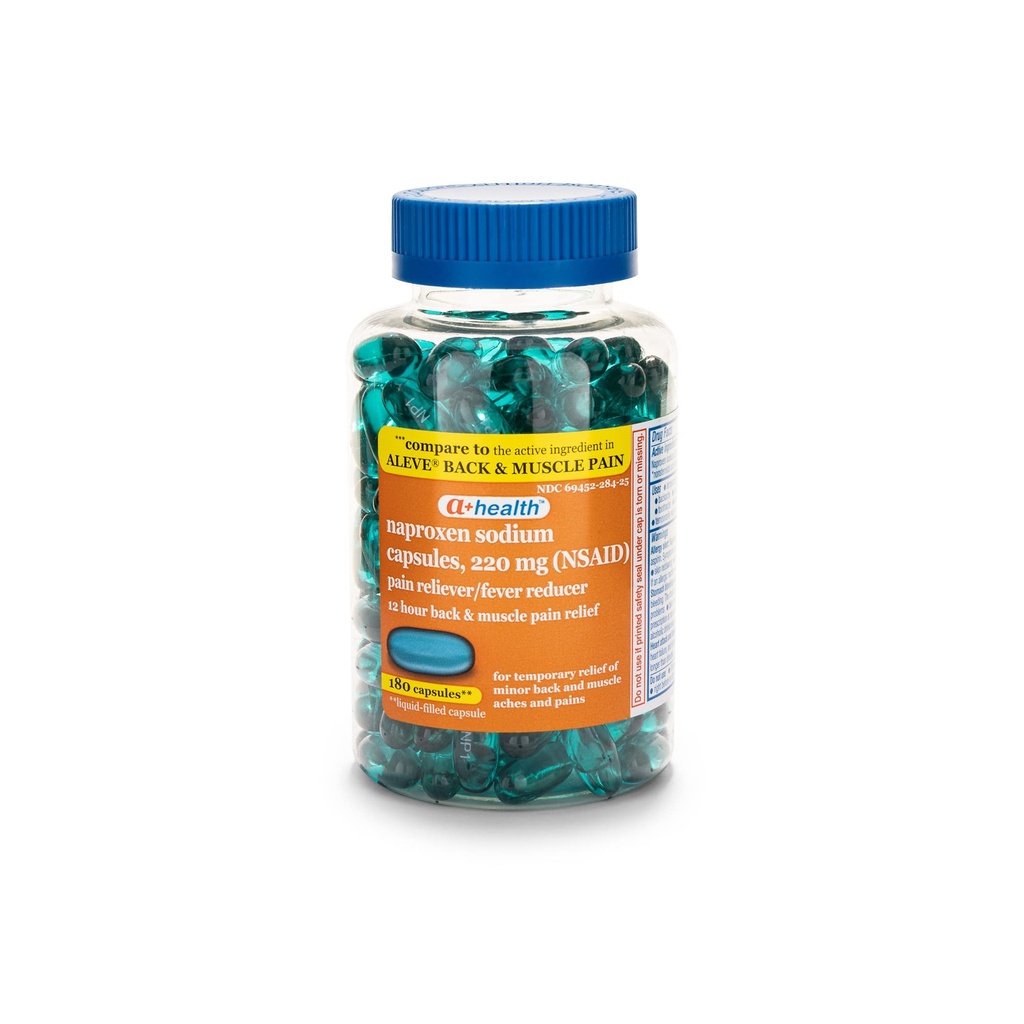 A + sundhed Naproxen natrium 220 mg flydende geler tilbage og muskelsmerter, smertelindring / feber Reducer (NSAID), 180 Tæl