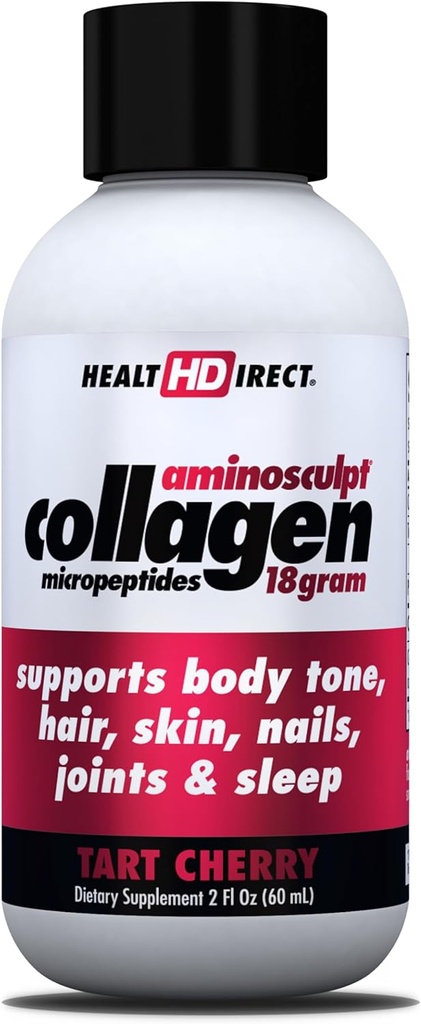 HEALTH DIRECT – Medical-Grade Liquid Collagen Shots – AminoSculpt Sugar-Free – Tart Cherry – 12 Servings, (12pk, 2oz Shots) – Good for Joints, Bones, & Sleep – Better Hair, Skin & Nails