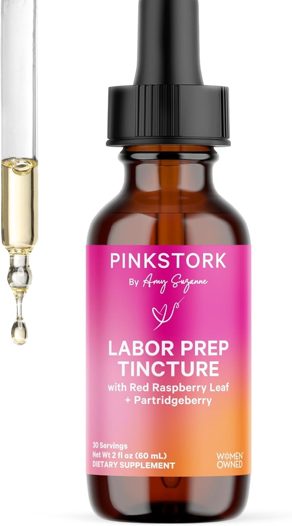 Pink Stork Gentle Fødsel & Labor Prep Tinktur - Rød Raspberry Leaf, Kamille, Ginger & 8 Urter - Tredje Trimester Graviditet + Postpartum Inddrivelse & Amning Support - 2 oz Urtetilskud