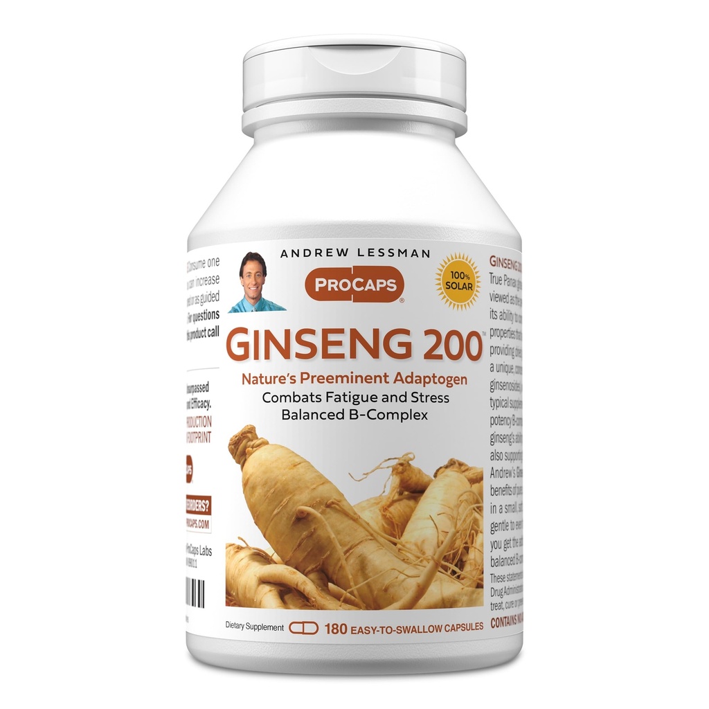 ANDREW LESSMAN Ginseng 200mg - 180 kapsler - Standardized Extract to Support Well- Being. Adaptogen, Combat Træthed og Stress. Forsigtigt, lille, let at sluge kapsler. Ingen tilsætningsstoffer