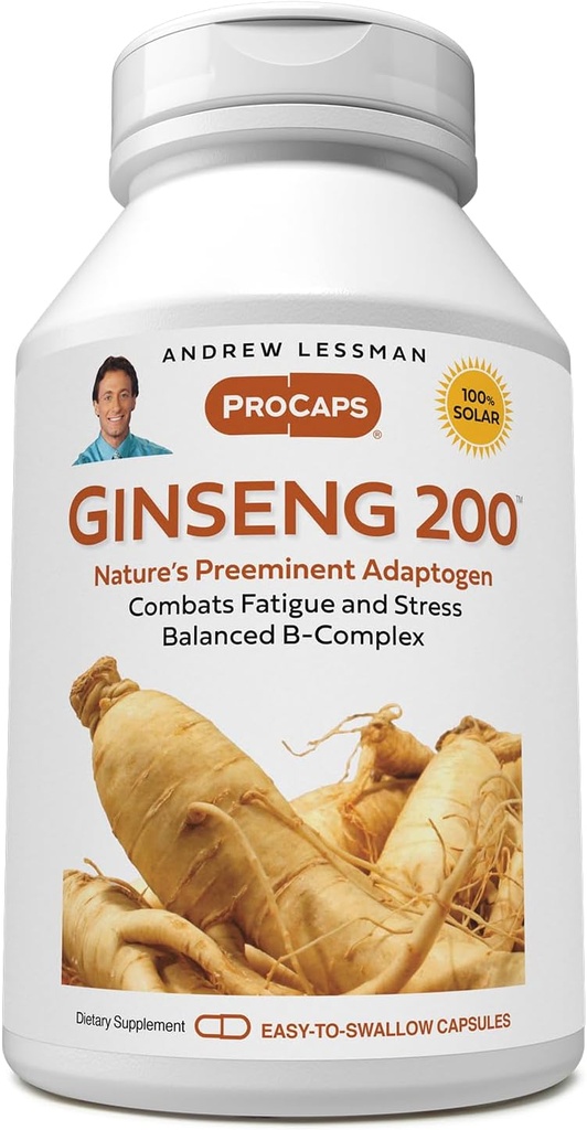 ANDREW LESSMAN Ginseng 200mg - 180 kapsler - Standardized Extract to Support Well- Being. Adaptogen, Combat Træthed og Stress. Forsigtigt, lille, let at sluge kapsler. Ingen tilsætningsstoffer