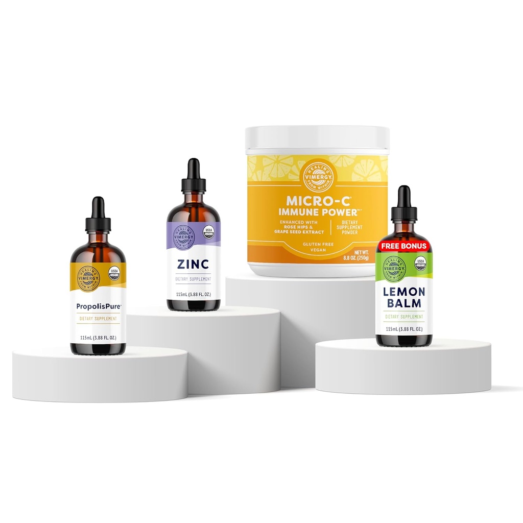 Vimergy immunsupportbundle * - PropolisPure ® (115ml) - Mikro- C immunPowerTM * (250g) - Flydende zink (115ml) - Komplementær Lemon Balm (115ml) -Fast- Absorbing Formulering- Non-GMO, ingen tilsat sukker