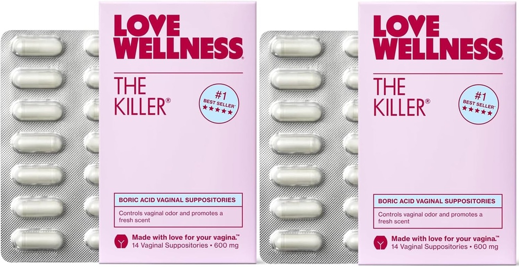 Love Wellness The Killer | Boric Acid Vaginal Suppositories | Balances pH & Supports Odor Control, a Healthy Vaginal Balance and Environment | Fast-Acting & Fragrance-Free | Gentle & Effective | 28 Ct