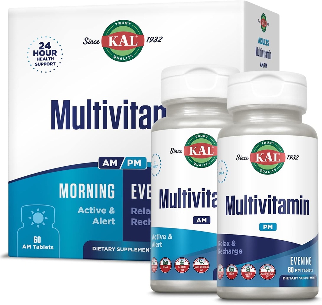 KAL Multivitamin AM / PM, 2- in-1 Dame og Herre Multivitaminer Kosttilskud, Gurkemeje, Tart Cherry, Organic Matcha og Spirulina for immun, og Cellular Support, Gluten Free, 30 Servere, 120 tabletter