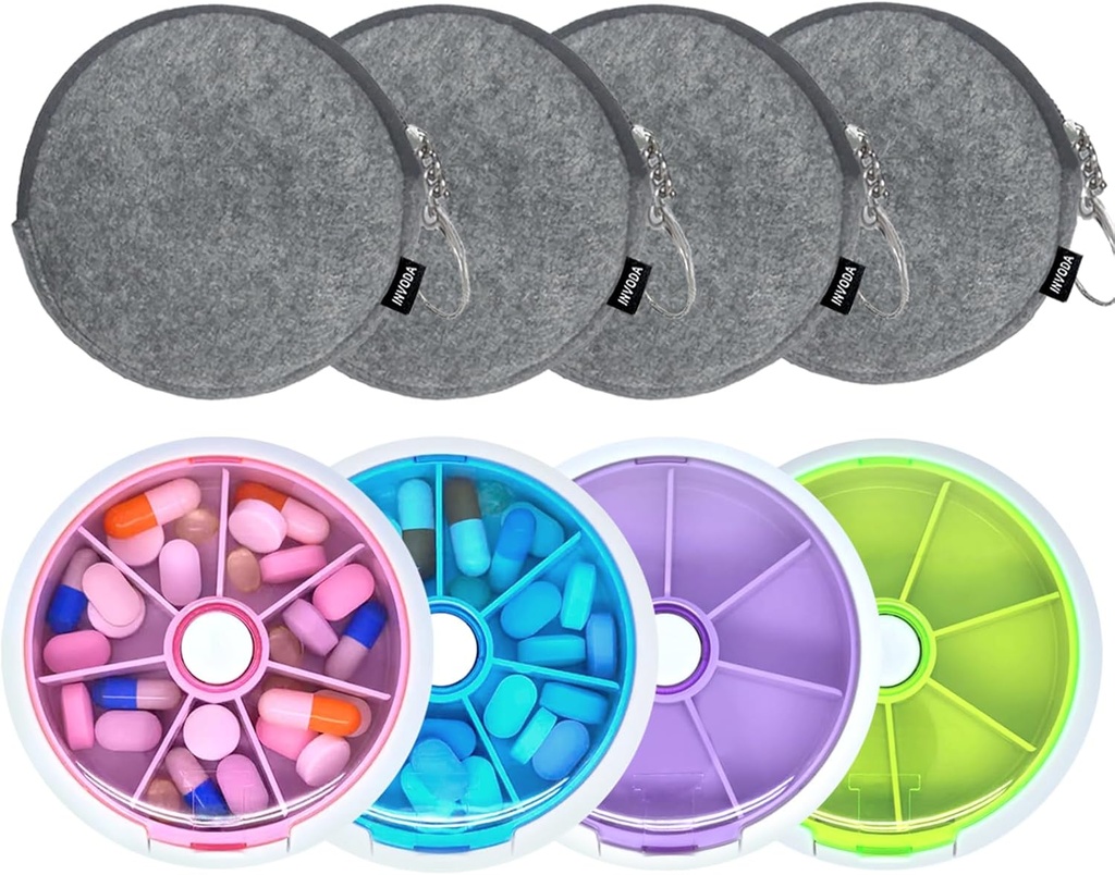 Pille Organizer rejse pill sag for purse transportable pill box runde Weekiy pill Container til Vitamin Fish Oil Pills Kosttilskud (4PCS + Bag 4PCS)