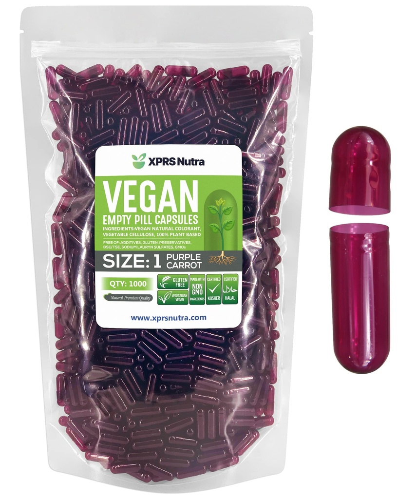 XPRS Nutra Størrelse 1 Tomme kapsler - 1000 Tomme Veganske kapsler - Vegetariske søjler - DIY vegetabilsk kapsel Filling- Veggie Pill Caps til Do- It- Yourself Kosttilskud (lilla gulerod)