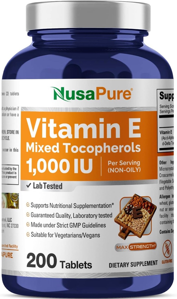 NusaPure E 1000 IE 200 tabletter (ikke- GMO, Gluten- fri) - Blandede tocopheroler