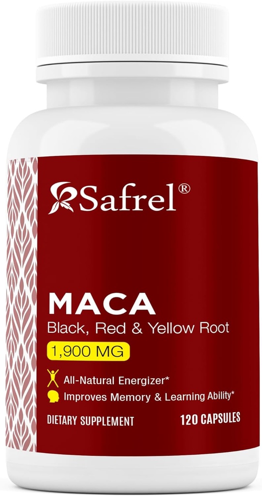 Safrel Organic Maca Root Black, Red, Yellow 1900 MG per Serving - 120 Vegan Capsules Peruvian Maca Root Gelatinized 100% Pure Non-GMO Supports Reproductive Health Natural Energizer