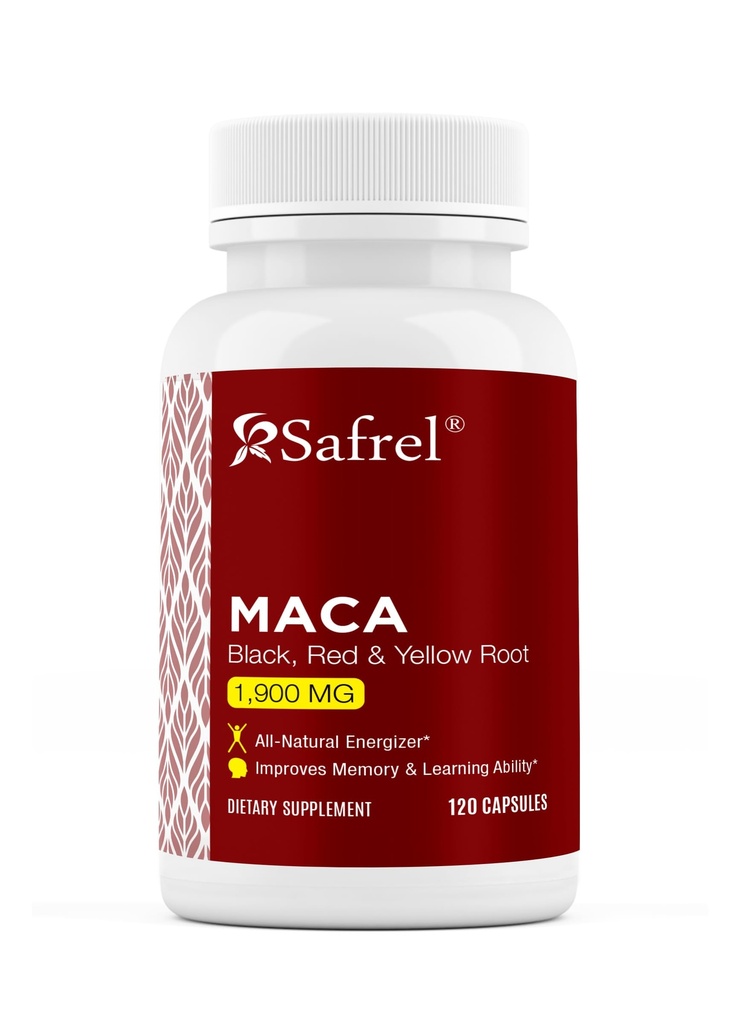 Safrel Organic Maca Root Black, rød, gul 1900 MG per servering - 120 Veganske kapsler Peruvian Maca Root Gelatinized 100% Pure Non- GMO understøtter reproduktiv sundhed Natural Energizer