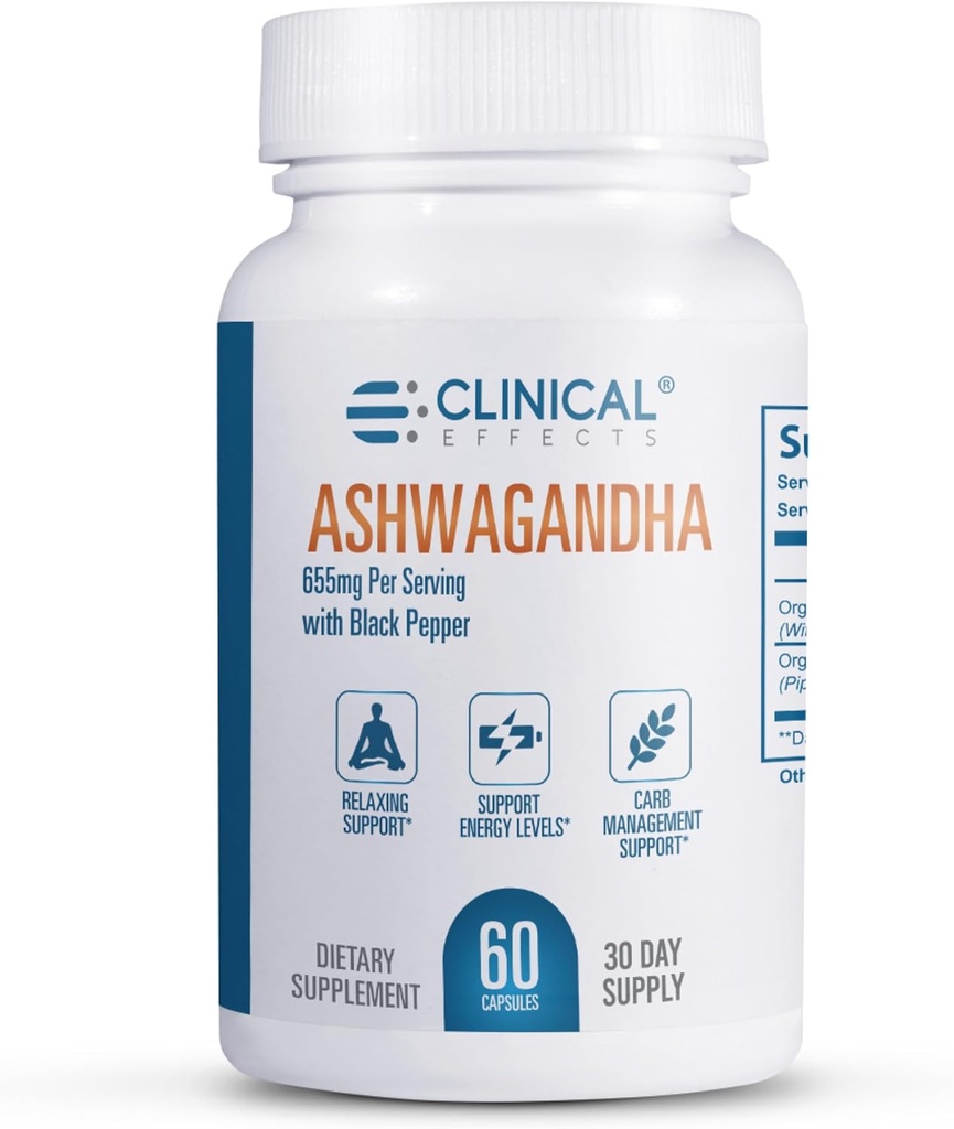 Clinical Effects Ashwagandha with Black Pepper for Stamina and Calm - 60 Ashwagandha Capsules - Made in The USA