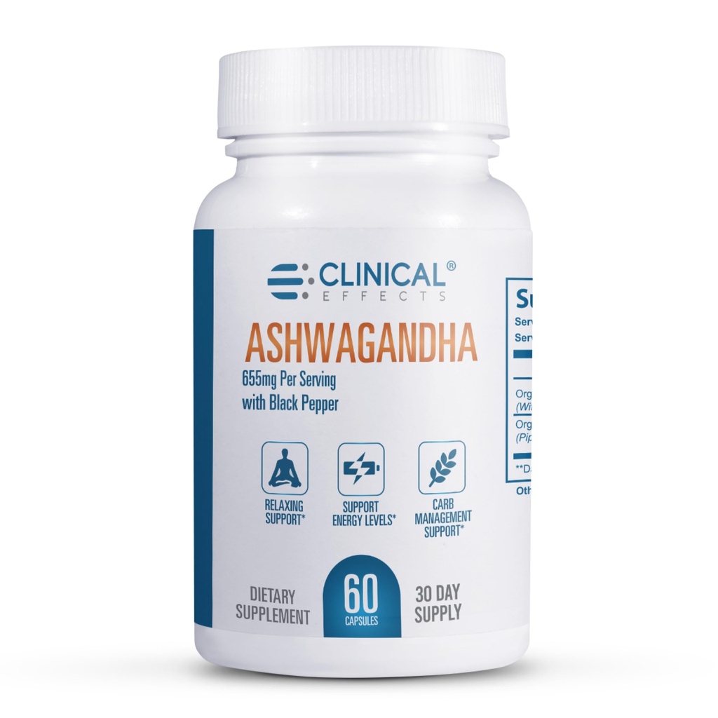 Kliniske effekter Ashwagandha med sort peber til Stamina og Calm - 60 Ashwagandha kapsler - Made in The USA