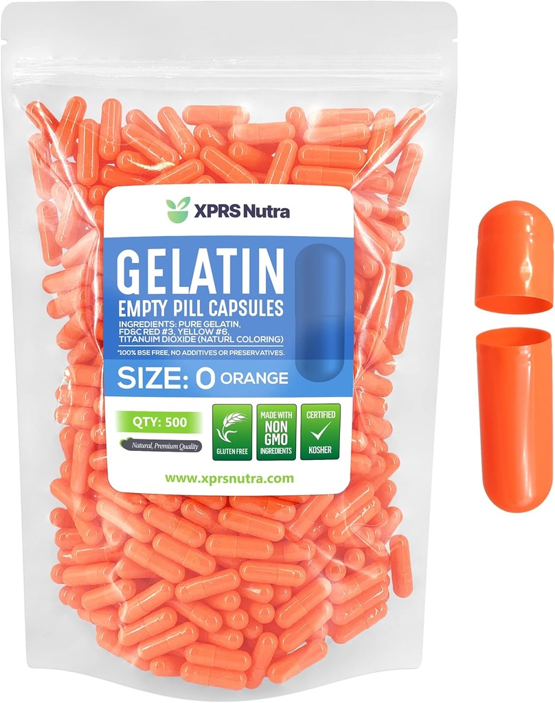 XPRS Nutra Størrelse 0 Tomme kapsler - 500 Tomme Gelatine kapsler - Piller gør det - Pure Bovin Pille Gel Caps til Do- It- Yourself Kosttilskud (Orange)