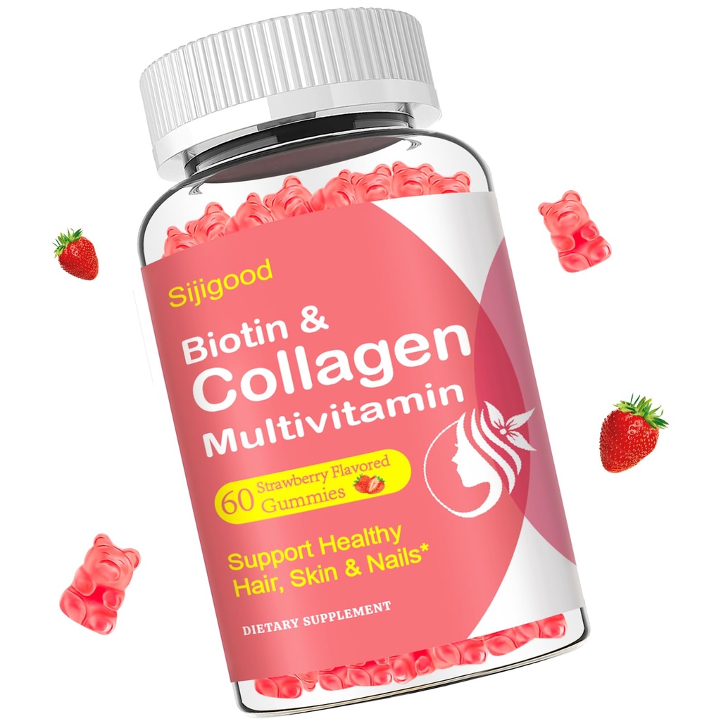 Collagen Gummier for kvinder Mænd, Kvinder Over 50, Collagen Peptider Protein Type I, II, III, V, X med Biotin Keratin Vitamin C A D E B12 K2 for hud hårnegle Immunitet Energi 60 Jordbær Flager Gummier
