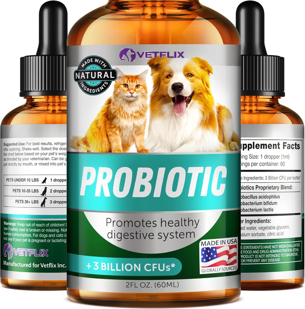 Premium Probiotika til hunde, Katte - fordøjelsesenzymer & Prebiotika supplement - Hjælper til Relieve Diarré, Opkastning, Opsæt mave, Gas, Forstoppelse & dårlig ånde - Understøtter fordøjelsessystemet - 2 Fl Oz