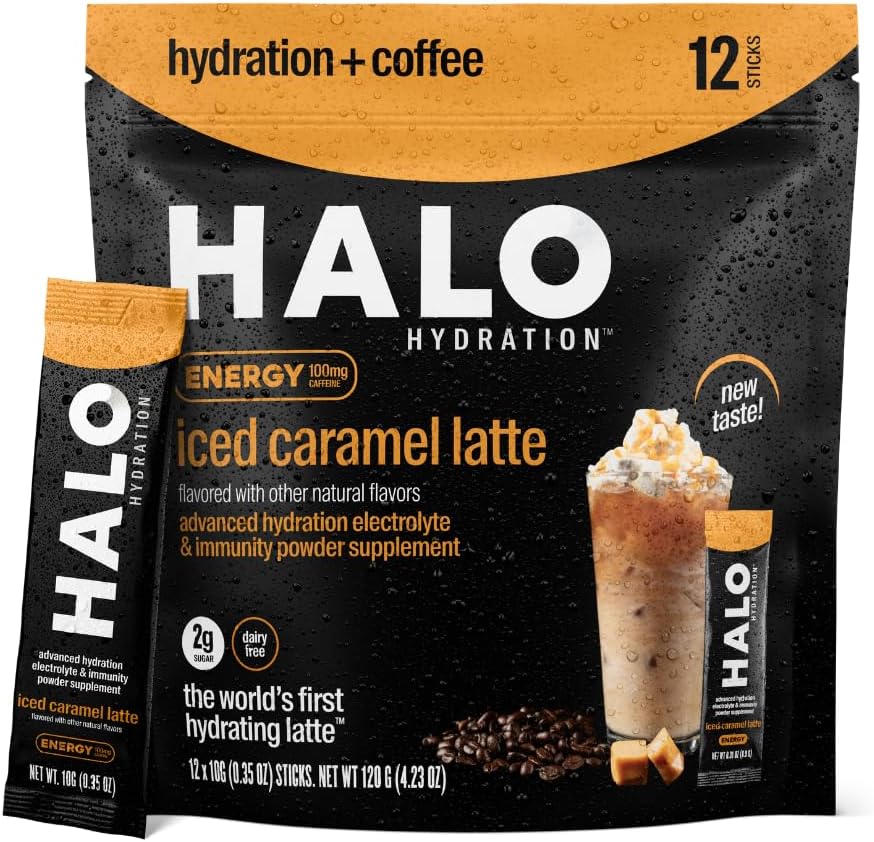 HALO Iced Caramel Latte - Energy Drink Powder - Sund kaffe mix til hydrering med elektrolyter, koffein, vitaminer og mineraler - 20 kalorier - Keto og lav kalorie - 1 x 12 sticks