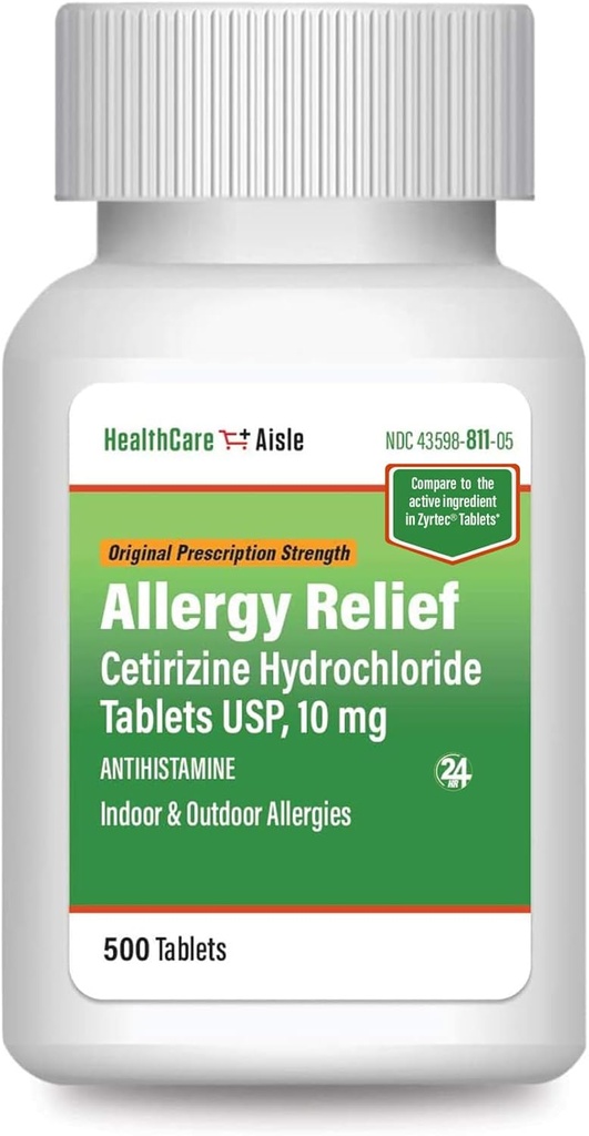 HealthCareAisle Allergy Relief - Cetirizine Hydrochloride Tablets USP, 10 mg - 500 Tablets - Original Prescription Strength Allergy Medication, 24-Hour Relief